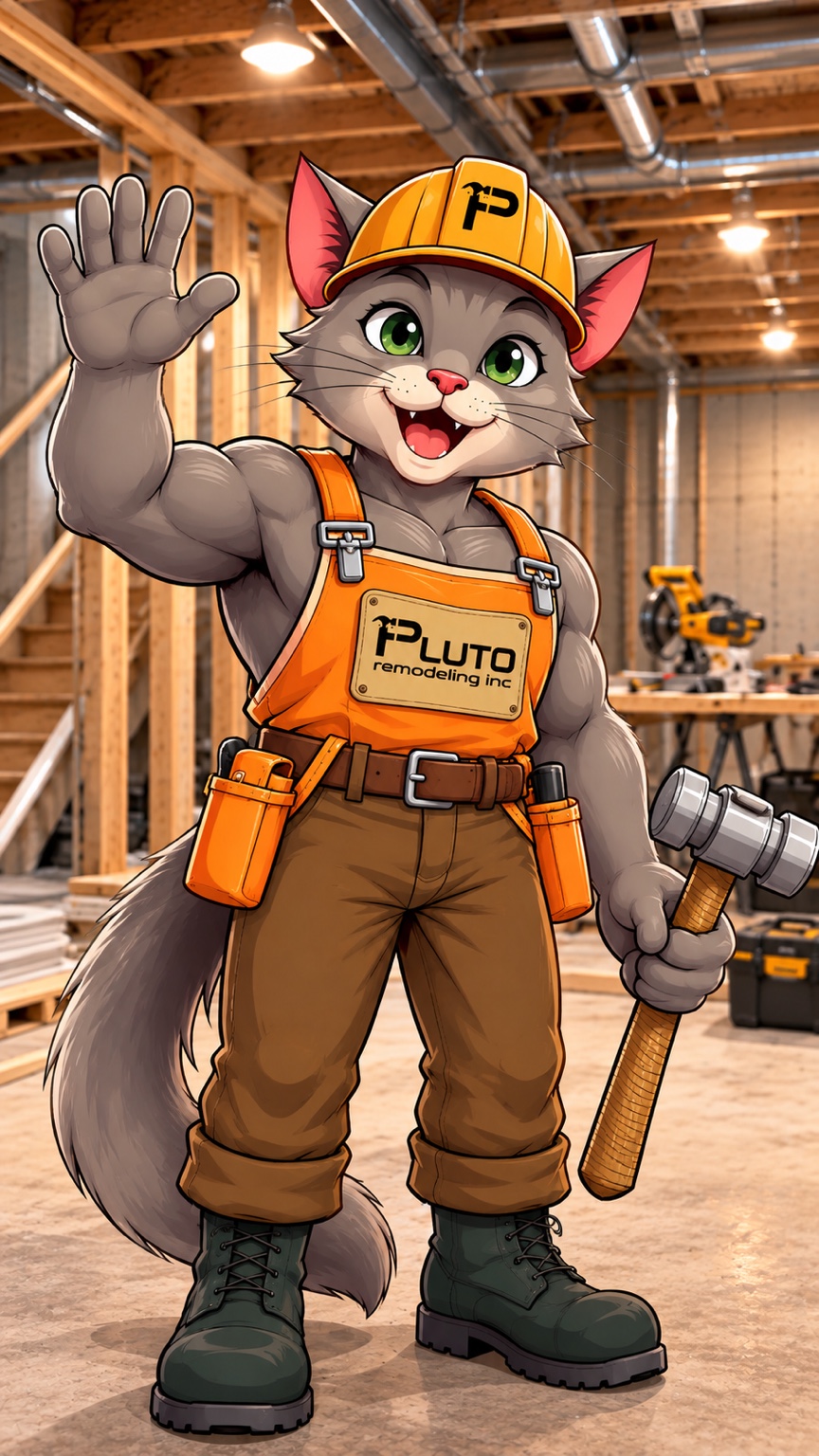 Pluto Remodeling official gray cat mascot wearing a yellow hard hat and orange overalls